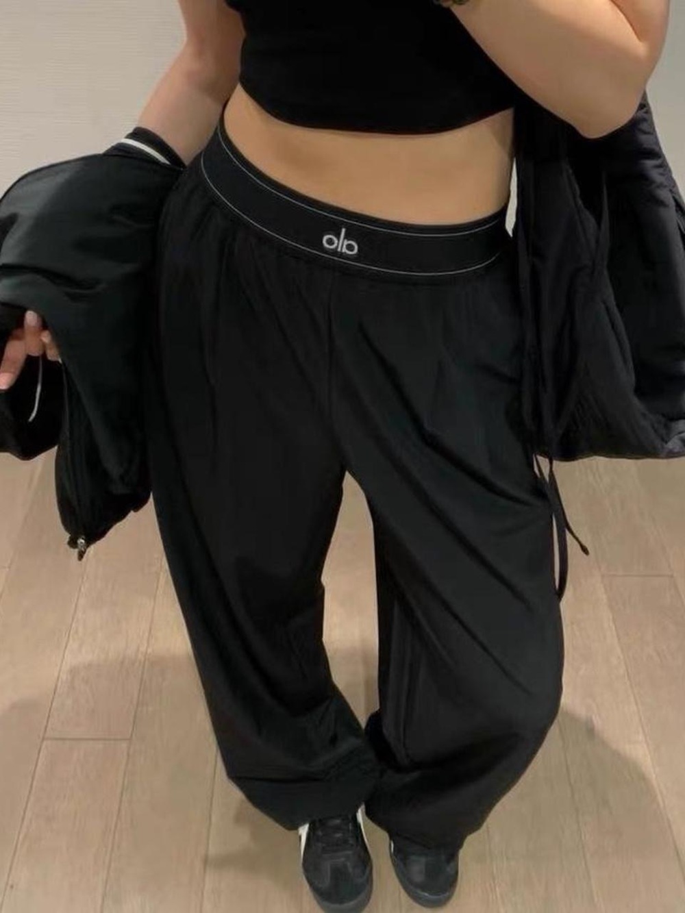 ALO Yoga Black Wide Leg Lounge Pants with Logo Waistband